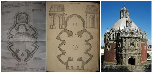 De derecha a izquierda: Capilla del Pocito en Gazeta de M�xico del 27 de diciembre de 1791. Universidad de Navarra. Fondo Antiguo. Tercero y quarto libro de architectura de Sebastian Serlio Bolo�es (1552). Capilla del Pocito en el Santuario de Guadalupe, M�xico.