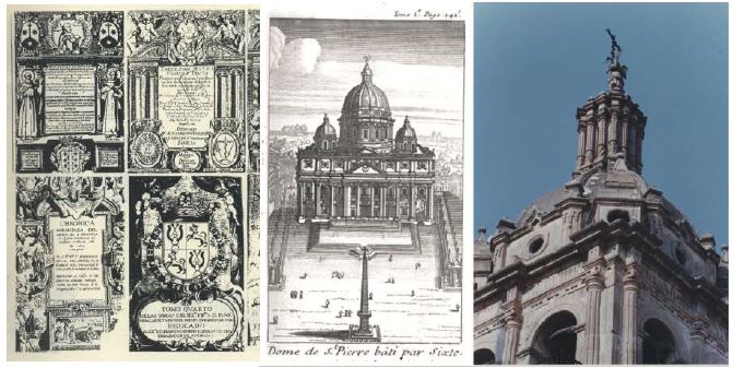 De izquierda a derecha: Portadas de libros diversos. La Vie du Pape Sixte Cinqui�me. Traduite de l&rsquo;Italien de Gregorio Leti, Tome II, Paris, 1758. Biblioteca Jos� I. Gallegos, Durango, M�xico. Linternilla de una de las torres de la Catedral de Durango, M�xico.