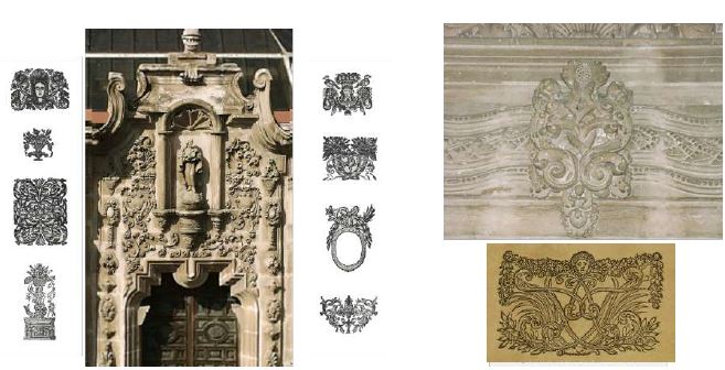 De izquierda a derecha: Diversas vi�etas tipogr�ficas. Segundo nivel de la portada del palacio del Conde de S�chil, Durango, M�xico. Clave de la portada del sal�n del mismo palacio. Universidad de Navarra, Fondo Antiguo. Monograma de L&rsquo;Histoire du Pontificat de St.-Gr�gorie le Grand, grabado por Jean Papillon le Fr�re, Par�s, 1686.