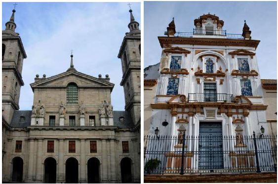 Izquierda: Monasterio de El Escorial. Derecha: Hospital de la Caridad en Sevilla.