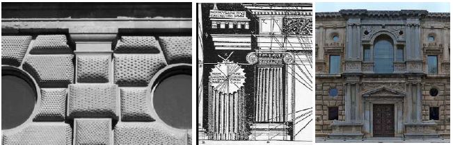 De izquierda a derecha: Detalle del almohadillado. Palacio de Carlos V, Granada. Vitruvius (Cesare Cesariano, 1521). Portada meridional del mismo palacio.