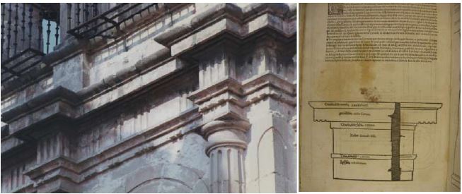 De izquierda a derecha. Cornisa de la torre de la Catedral de Durango, M�xico. Universidad de Navarra. Fondo Antiguo. Serlio, Sebastiano, Tercero y Quarto Libro de Architectura.