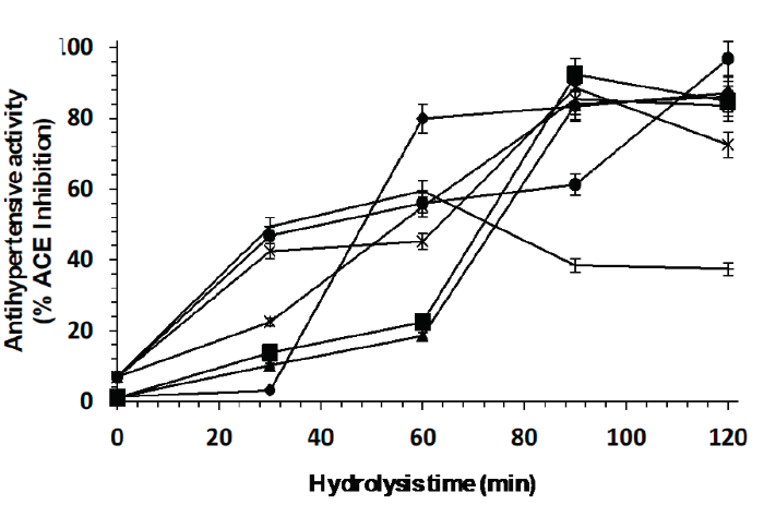 ACE inhibition percentage of peptides released from the whey protein concentrate by
								enzymatic hydrolysis with individual enzymes (◆ Eap1, ( chymotrypsin
								and ▲ trypsin) and with enzymatic cocktail (× Chymotrypsin-Eap1, ＊
								Trypsin-Eap1, ● Chymotrypsin-Trypsin and
								︱Chymotrypsin-Eap1-Trypsin). Figura 8:
								Actividad antihipertensiva de los péptidos liberados del concentrado
								proteico del suero lácteo empleando las enzimas individuales (◆
								Eap1,  Quimotripsina ▲ Tripsina) y las combinaciones enzimáticas (×
								Quimotripsina-Eap1,＊ Tripsina-Eap1, ● Quimotripsina-Tripsina
								y︱Quimotripsina- Eap1-Tripsina).