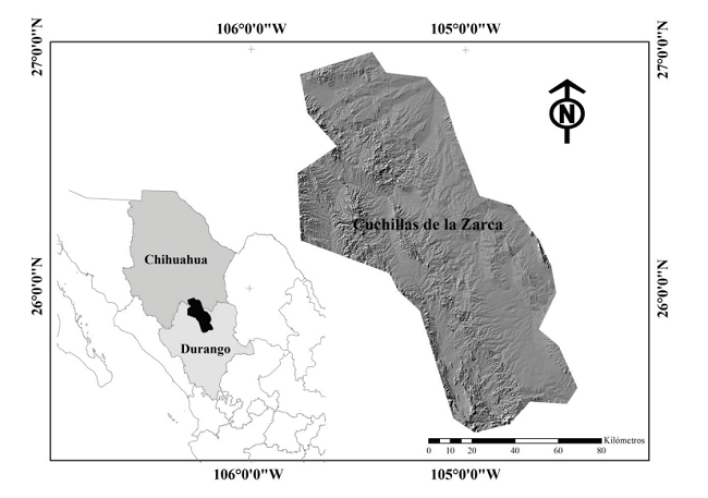 Localizaci&oacute;n del &aacute;rea de estudio: &Aacute;rea Prioritaria para la
								Conservaci&oacute;n de Pastizales (APCP) Cuchillas de la ZarcaFigure 1. Location of the study area: Priority
								Grassland Priority Conservation Area of Cuchillas de la
								Zarca.