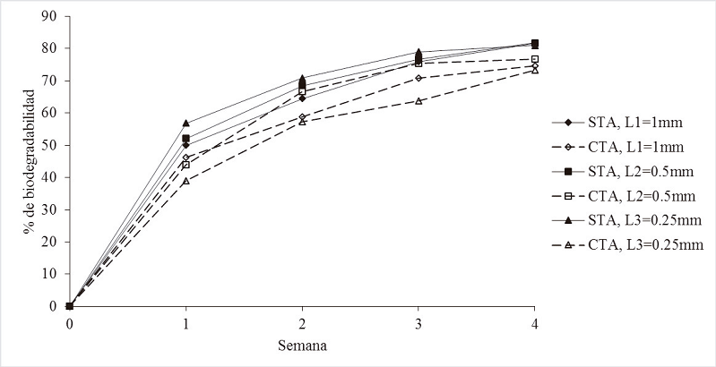 Biodegradabilidad en suelo de compuestos con fibra sin tratamiento alcalino (STA) y
								con tratamiento alcalino (CTA), con tres longitudes de fibra (L1, L2
								y L3).Figure 2. Biodegradability in soil of fiber composites
								without alkaline treatment (STA) and with alkaline treatment (CTA),
								with three fiber lengths (L1, L2 and L3).