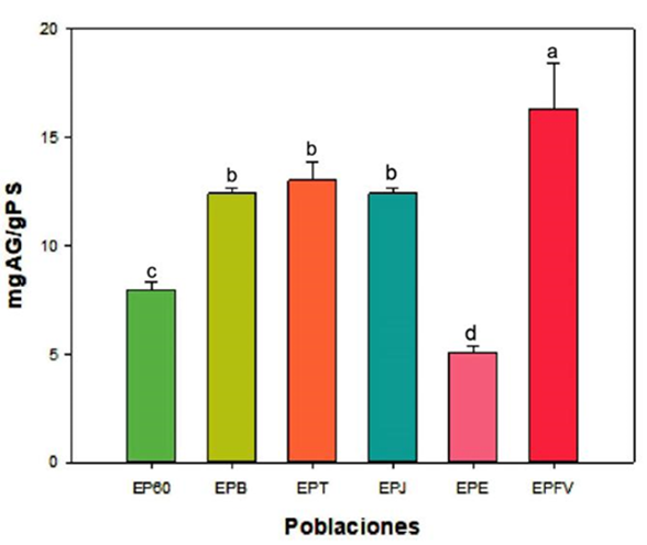 Contenido de fenoles totales en extractos etanólicos de propóleos de diversas poblaciones del sur de Sonora. Media ± desviación estándar (n=3).