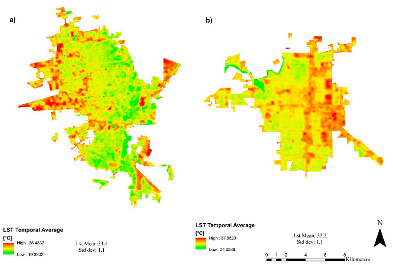 Annual average of LST spatial distributions from 2007-2017 for: (a) Hermosillo and (b) Ciudad Obregn. 