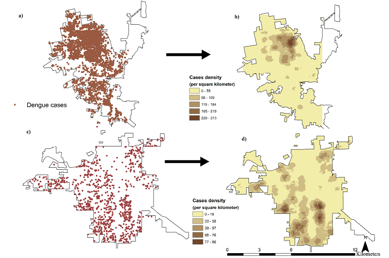 Spatial distribution of the density of dengue cases for (a, b) Hermosillo and (c, d) Ciudad Obregn, Sonora, Mexico. 