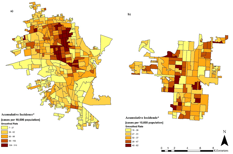Cumulative incidence rate of dengue at the Basic Geostatistical Area-level for (a) Hermosillo and (b) Ciudad Obregn, Sonora, Mexico. 