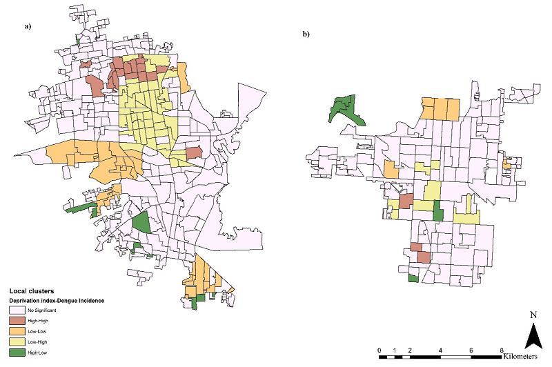 Bivariate local spatial clustering at the Basic Geostatistical Area-level, between incidence of dengue and the index of urban marginalization, for (a) Hermosillo and (b) Ciudad Obregn Sonora, Mexico. 