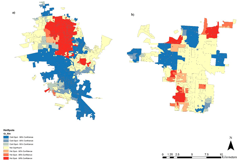 Hot and cold spot areas with 90 %, 95 % and 99 % confidence that combine incidence of dengue, marginalization index and land surface temperature for (a) Hermosillo and (b) Ciudad Obregn, Sonora, Mexico. 