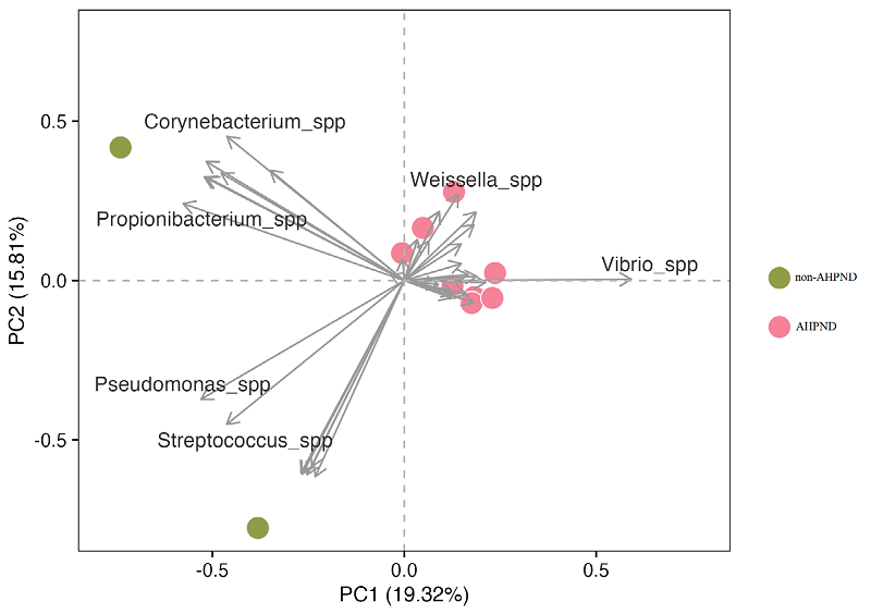 Principal component analysis (PCA). Vector dispersion and correlation of relative abundance of microbiota at the detection level of pirABvp genes in the samples. 