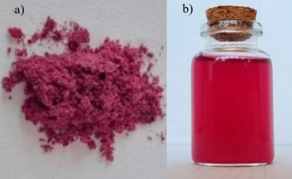 a) Dry extract obtained from the petals of C. bipinnatus. b) Dry extract obtained from the petals of C. bipinnatus suspended in distilled water.