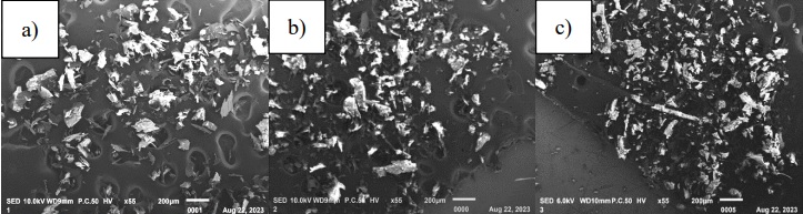 Microstructure of encapsulated PPCb, using different wall materials. a) M, b) GA, c) M-GA. 