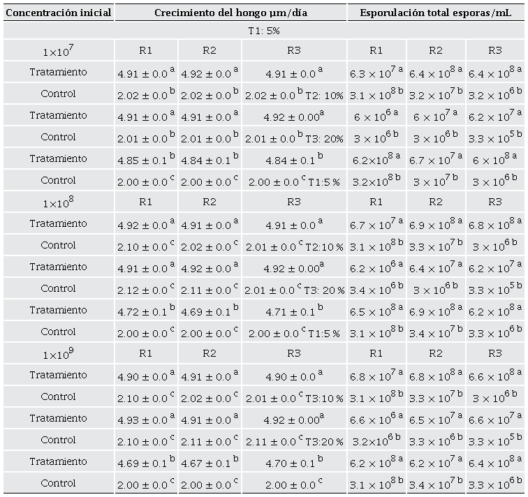 Efecto de esporas de Metarhizium anisopliae con extracto Macrocystis pyrifera, en el crecimiento de hifas, y esporulación total del hongo.