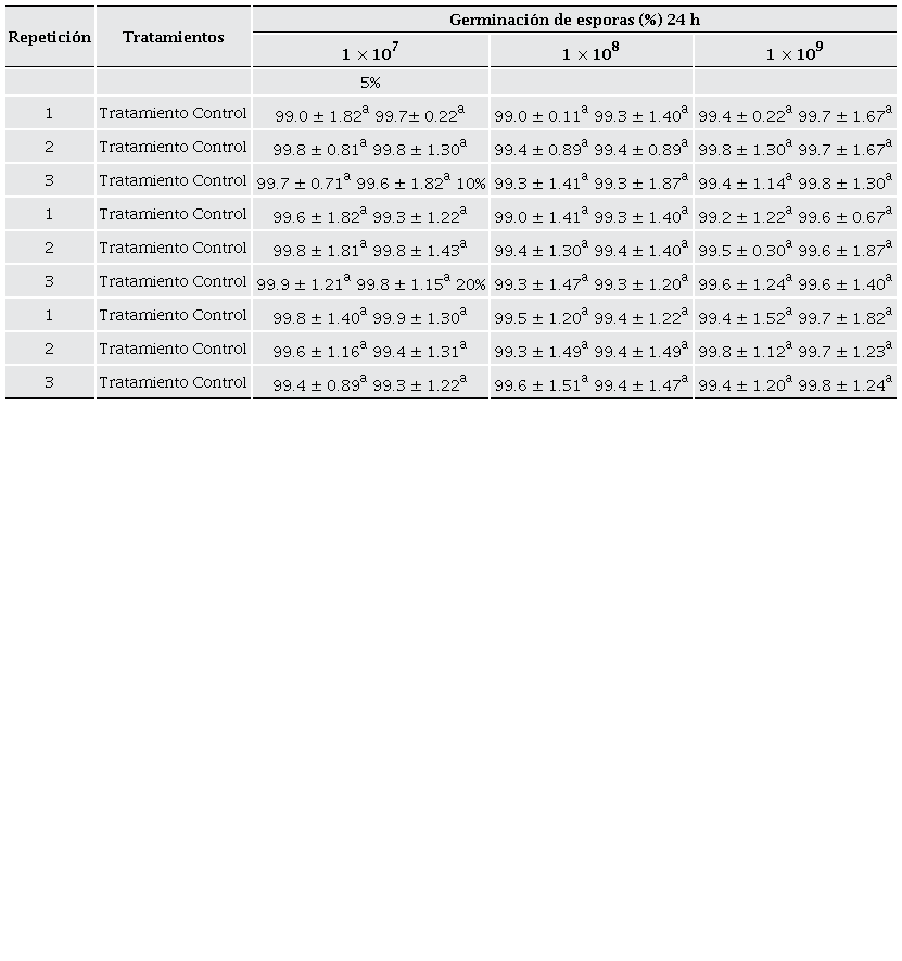 Germinación de esporas de Metarhizium anisopliae en extracto de Macrocystis pyrifera. Letras diferentes indican diferencias estadísticas entre tratamientos (α = 0.05). Los datos muestran los promedios de las réplicas experimentales ± la desviación estándar.