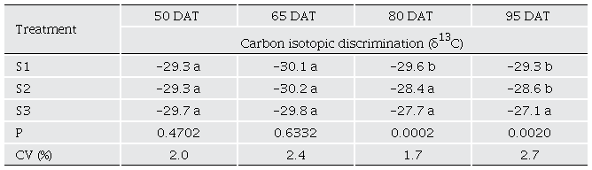 Carbon isotopic discrimination in bell pepper plants grown under three irrigation sheets. 
