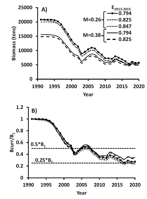 Total (A) and relative (B) biomass of Cynoscion othonopterus using SRA considering two natural mortality rates and restrictions in exploitation rates E2013-2015