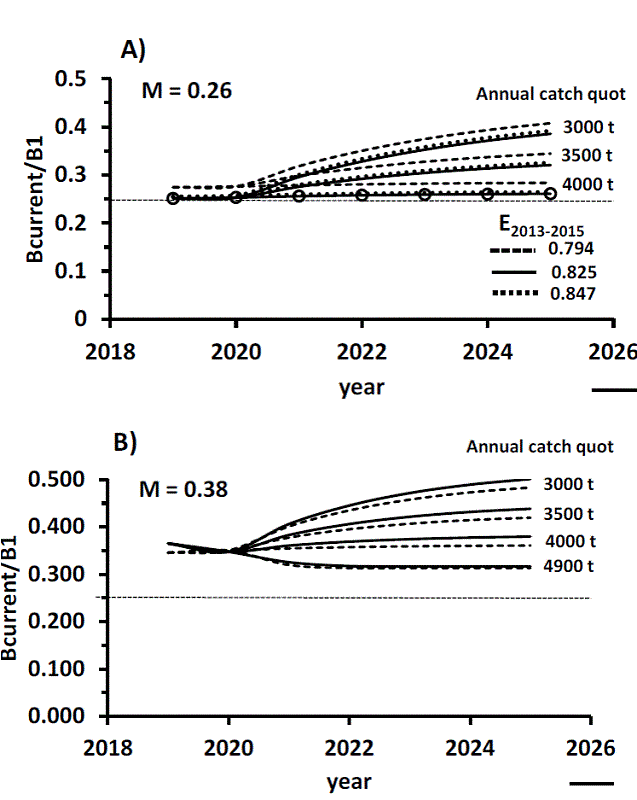Projected relative biomass of gulf corvina (Cynoscion othonopterus) from 2019 to 2025 using parameter estimates of SRA and assuming different annual catch quota scenarios. 
								
