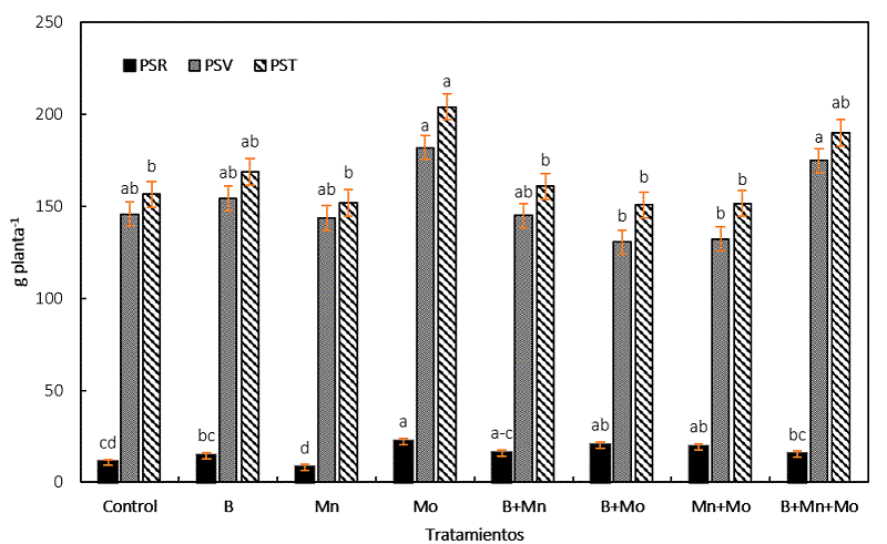 Producci�n de biomasa seca. Letras distintas indican diferencias significativas entre tratamientos (LSD, p &le; 0.10). PSR: Peso seco de ra�z; PSV: Peso seco de v�stago; PST: Peso seco total. n = 5 � error est�ndar.
								