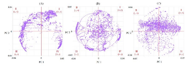 Loading plots of mezcales subjected to FT-MIR spectroscopy and generated from Principal Component Analysis (PCA) on the raw (A), first derivative (B), and second derivative (C) data. The roman numerals indicate the quadrants of the plot (I, II, III, and IV).