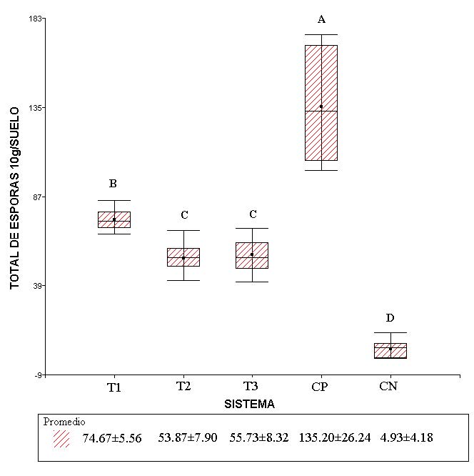 N�mero de esporas de hongos micorr�z�cos arbusculares en 10 g
									de suelo propagadas por tratamiento en el estudio. T1 = Vegetaci�n secundaria;
									T2 = Sistema multiprop�sito; T3 = Sistema agr�cola; CP = Producto comercial
									inoculante de micorrizas arbusculares; CN = Sin inoculante micorrizico.
									Medias � D.E.; Medias con una letra en com�n no son estad�sticamente
									diferentes (p &le; 0.05).
