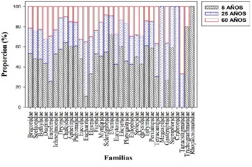 Distribuci�n proporcional de familias de himen�pteros parasitoides colectados con trampas Malaise en tres edades de la Selva mediana subcaducifolia. 