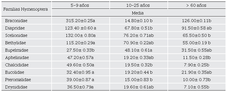 Media de la abundancia de las familias con m�s de 500 individuos recolectados con trampa Malaise en diferentes edades de una selva mediana subcaducifolia, Yucat�n, M�xico. 