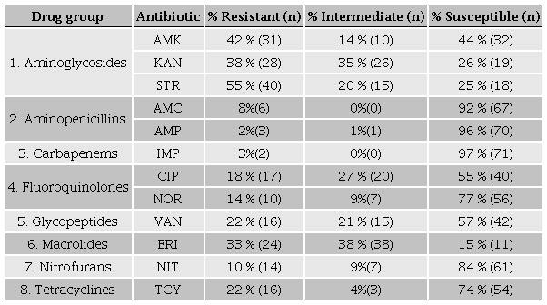Enterococcus spp. susceptibility to antibiotics analyzed by the disc diffusion method.