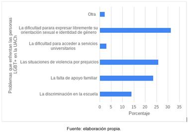 Porcentaje de poblaci�n encuestada seg�n percepci�n de las principales problem�ticas que enfrentan las personas LGBT+ en la UACh. n=341