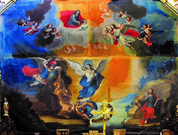 Patrocinio de la Santsima Virgen Mara sobre la Iglesia espaola y mexicana (650 alto X 640 centmetros de ancho, Fig. 1)