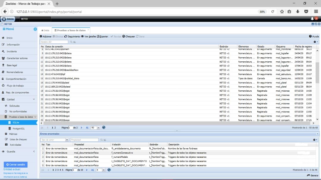 Interfaz de usuario listando errores encontrados.