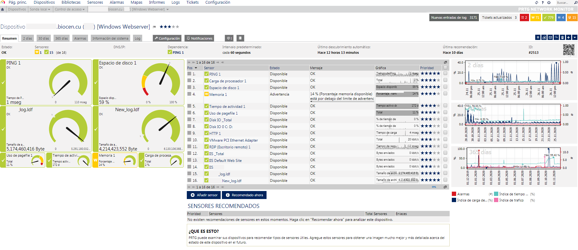 Ejemplo de recolecci�n de datos estad�sticos con la herramienta PRTG en BioCen.