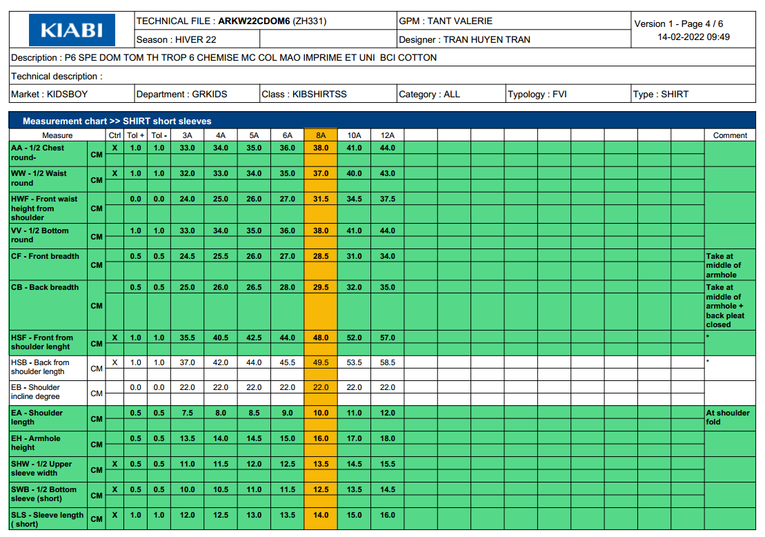 KIABI company measurement chart for half shir