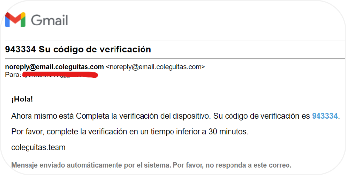 Formato entregado en Sprint 5 en formato de correo electr�nico generado por el sistema que contiene el c�digo de verificaci�n de autenticidad