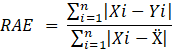 Error absoluto relativo (Relative absolute error, RAE).