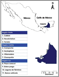 Litoral del estado de Campeche con reportes de FAN. 

 

Los
números indican sitios con reportes de FAN de 2003-2014.