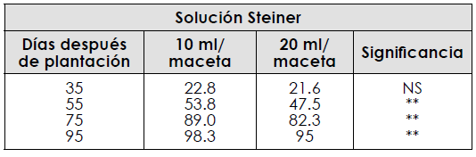 Altura
de la planta (en cm) en Lilium &lsquo;Acapulco&rsquo; en funci&oacute;n
de la dosis de fertilizaci&oacute;n con soluci&oacute;n Steiner, aumentada 40 veces, al
sustrato, cada 20 d