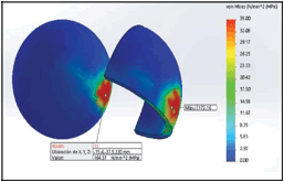  Imagen
del estudio de impacto frontal realizado a la esfera de aluminio usando el casco de protecci&oacute;n con grosor de 10 mm.