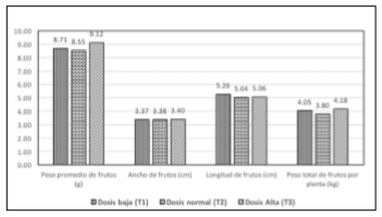 Peso, ancho y largo de frutos, y peso total de frutos por planta para cada tratamiento evaluado.