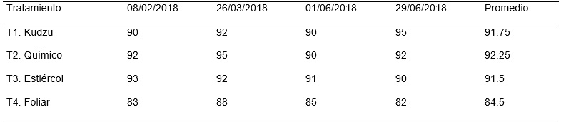 Promedio de porcentaje de fruta de exportación de lima 'Persa' con fertilización química y orgánica en diferentes fechas de evaluación. México, 2018