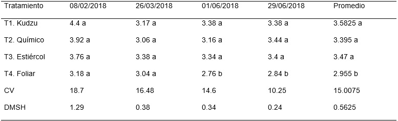 Promedio de grosor de cáscara de lima 'Persa' con fertilización química y orgánica en diferentes fechas de evaluación. México, 2018