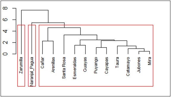 Dendrograma de las caracter&iacute;sticas morfom&eacute;tricas en las cuencas analizadas.