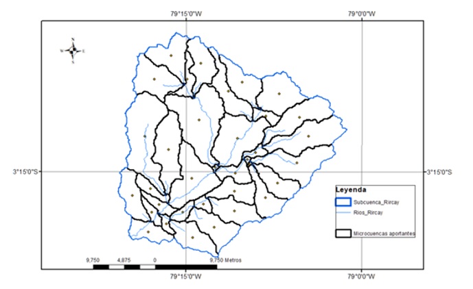 Subcuenca del r&iacute;o Rircay. Criterios de superficie para determinaci&oacute;n de la red hidrogr&aacute;fica.
