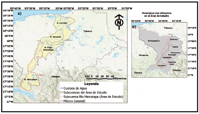 a) &Aacute;rea de estudio y subcuencas receptoras; b) munici- pios con influencia en el &aacute;rea de estudio.