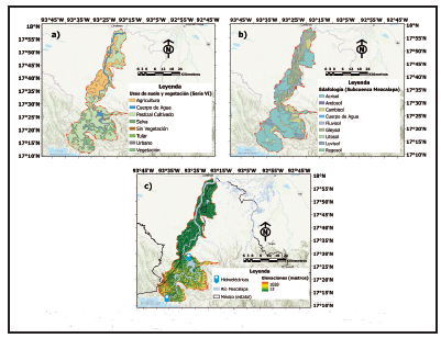 Caracter&iacute;sticas del &aacute;rea de estudio: a) Uso de suelo y vegetaci&oacute;n; b) edafolog&iacute;a; c) elevaci&oacute;n.