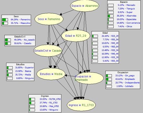 Tendencia de frecuencia de compra por espacio de distribución y características sociodemográficas de la muestra. La edad se expresa en rangos de años y el ingreso en rangos de pesos.