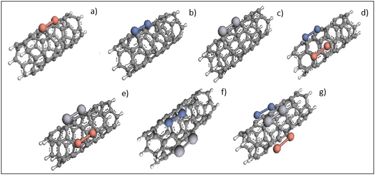 Simulaciones de los sistemas de adsorcin a) Cu-CNT, b) Ni-CNT, c) Hg-CNT, d) Ni-Cu-CNT, e) Hg-Cu-CNT, f) Hg-Ni-CNT, g) Hg-Ni-Cu-CNT.