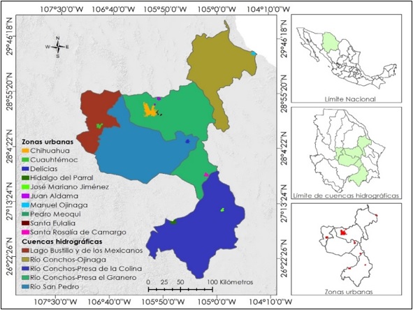 Cuencas Laguna Bustillos y de los Mexicanos, río Conchos-Ojinaga, río Conchos-Presa de la Colina, río Conchos-Presa el Granero y río San Pedro y zonas urbanas.