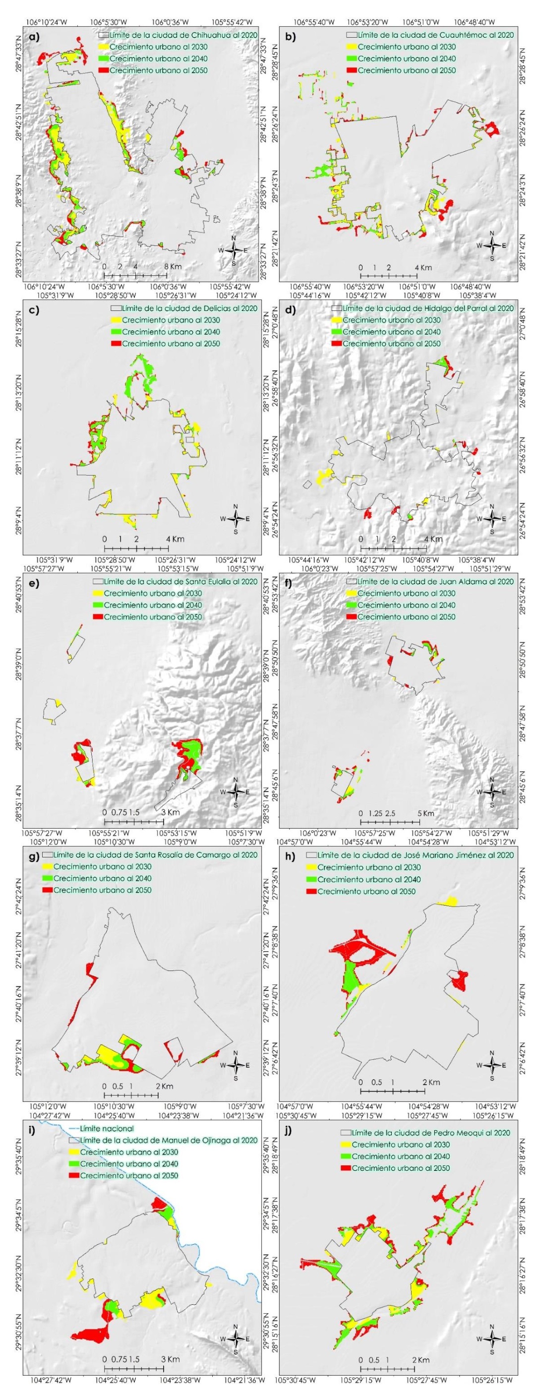 Proyección del crecimiento en zonas urbanas de la cuenca Laguna Bustillos y de los Mexicanos, río Conchos-Ojinaga, río Conchos-Presa de la Colina, río Conchos-Presa el Granero y río San Pedro para los años 2030, 2040 y 2050.